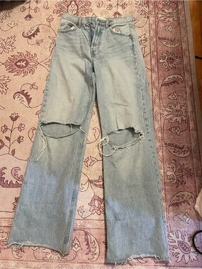 Zara Light Blue Distressed Wide-Leg Jeans